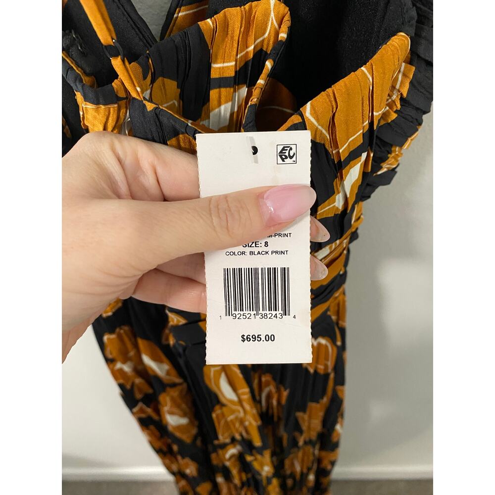 NWT Jonathan Simkhai Pleated Floral Midi Dress Black Gold Size 8 - Picture 4 of 4